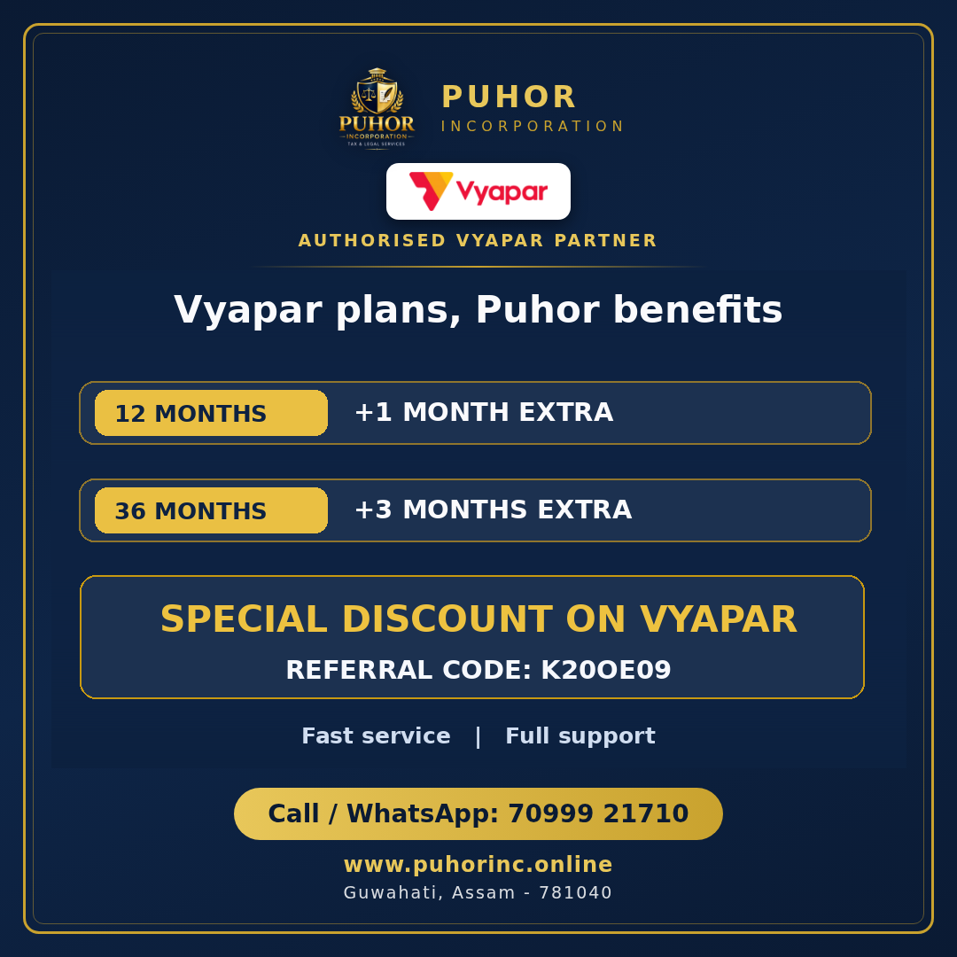 Vyapar plans through Puhor Incorporation - 12 months plus 1 extra, 36 months plus 3 extra, special discount with referral code K20OE09, fast service, full support